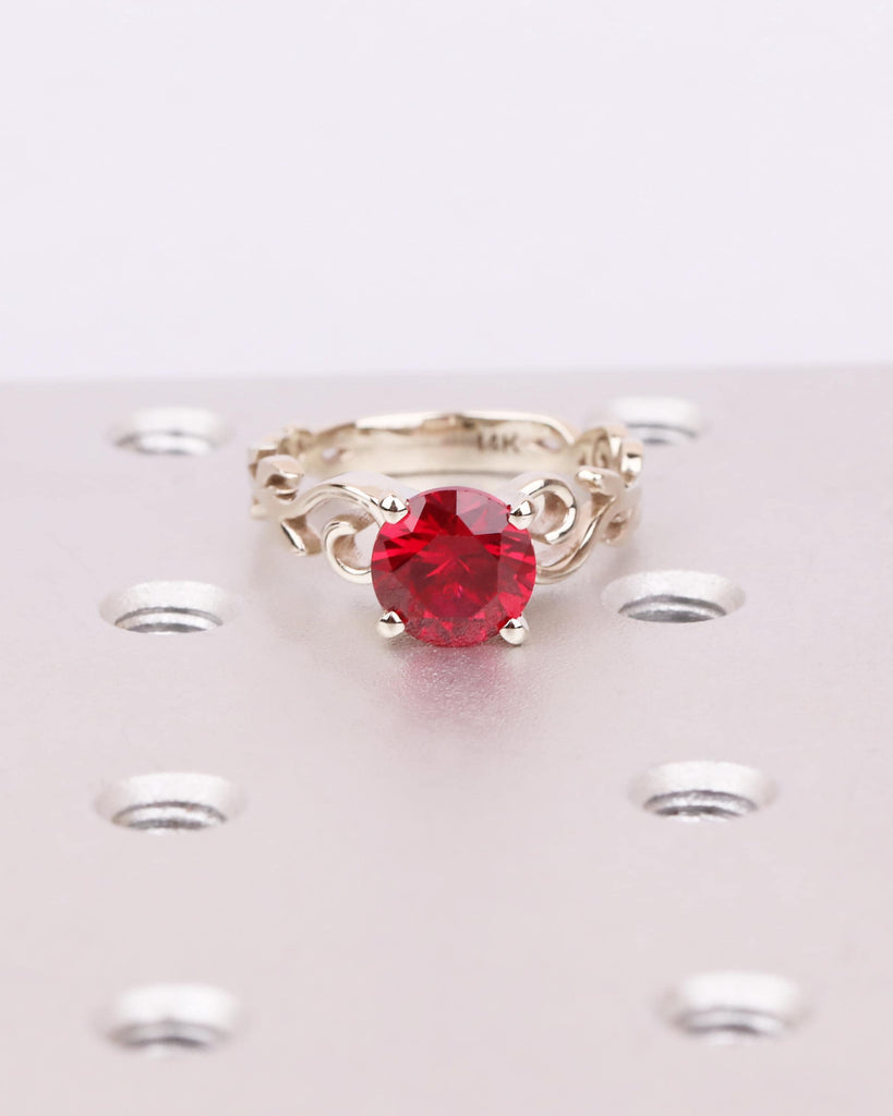 Vintage Ruby Engagement Ring in Solid 14K White Gold, Nature Inspired Leaf Flower Ring, Red Art Deco Promise Ring, Unique Anniversary Ring