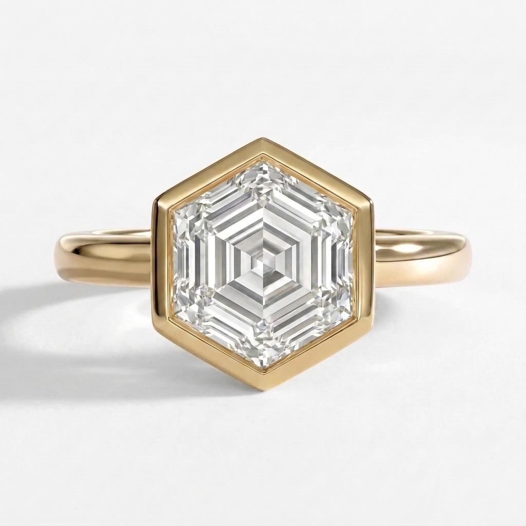 Moissanite Hexagon Ring, Bezel Setting, 14k Gold Solitaire Engagement Ring image #6