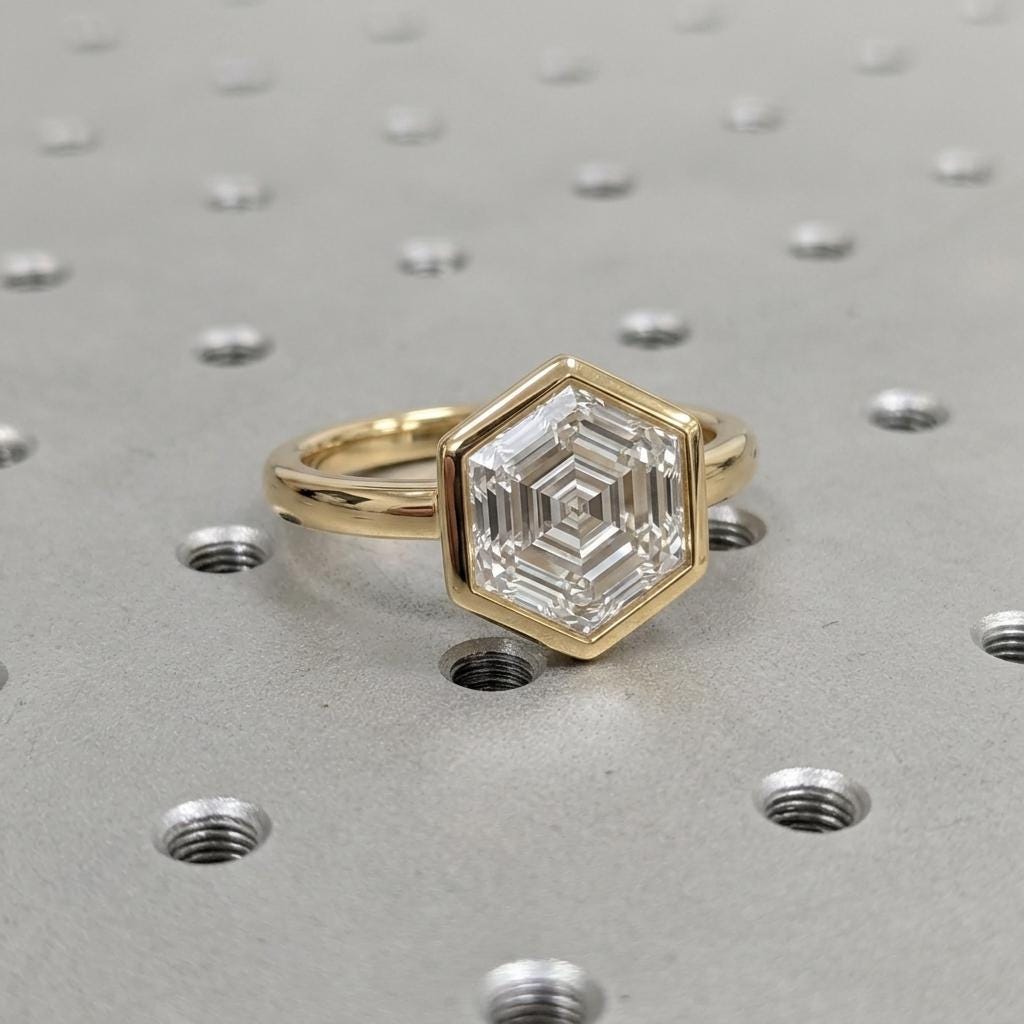 14k Yellow Gold Solitaire Engagement Ring, Bezel Set Square Hexagon Diamond Ring image #3