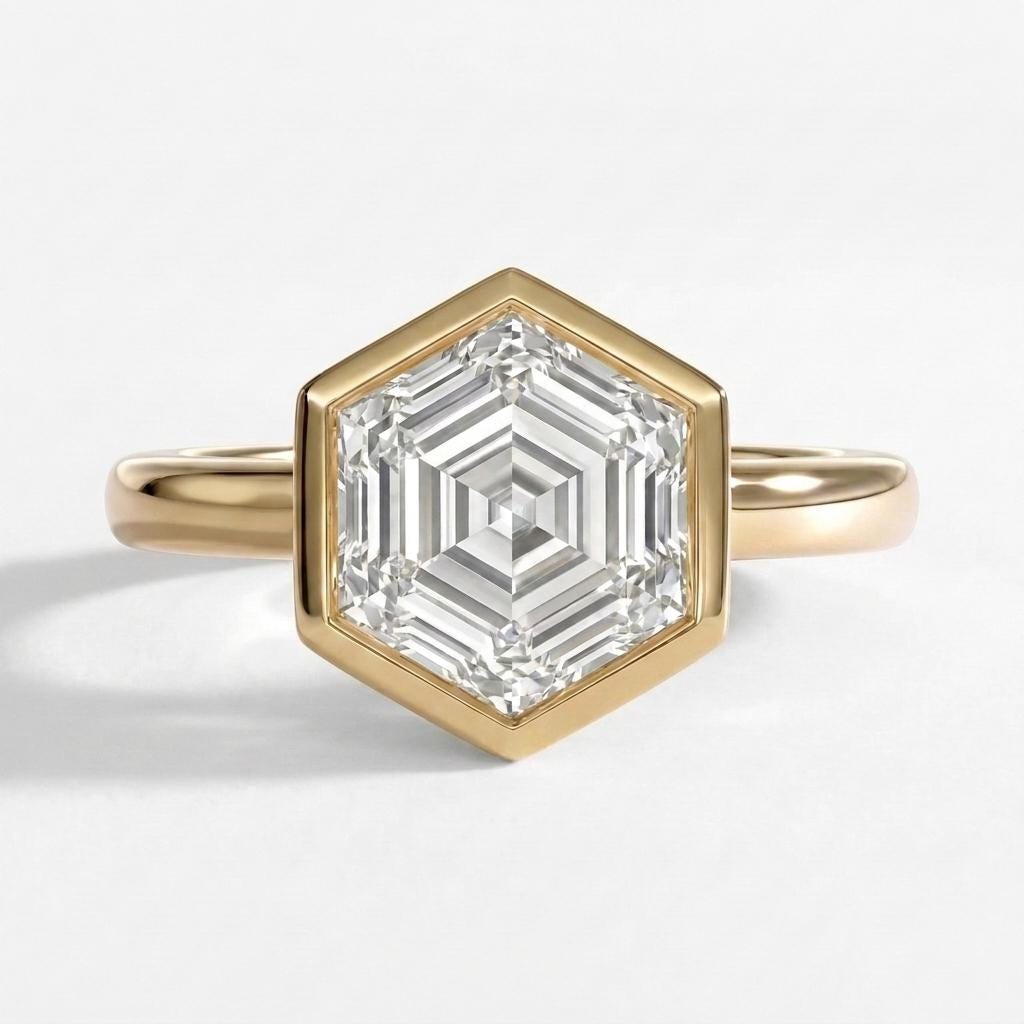 14k Yellow Gold Solitaire Engagement Ring, Bezel Set Square Hexagon Diamond Ring image #2