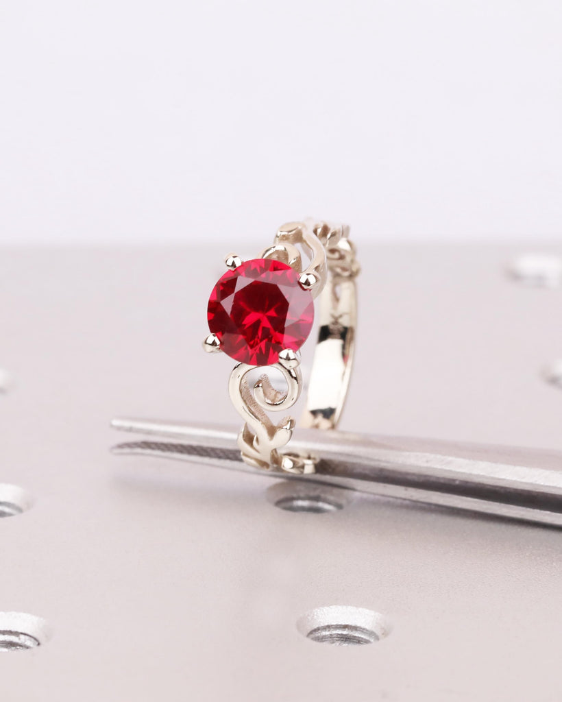 Vintage Ruby Engagement Ring in Solid 14K White Gold, Nature Inspired Leaf Flower Ring, Red Art Deco Promise Ring, Unique Anniversary Ring image #5