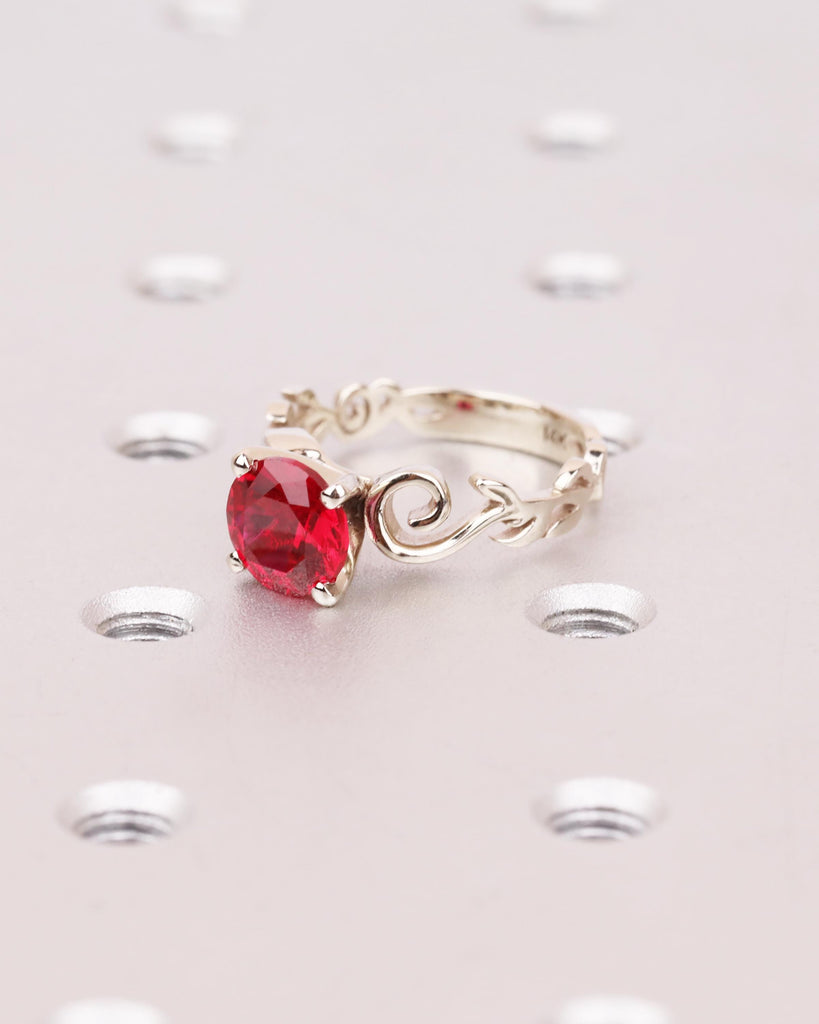 Vintage Ruby Engagement Ring in Solid 14K White Gold, Nature Inspired Leaf Flower Ring, Red Art Deco Promise Ring, Unique Anniversary Ring image #3