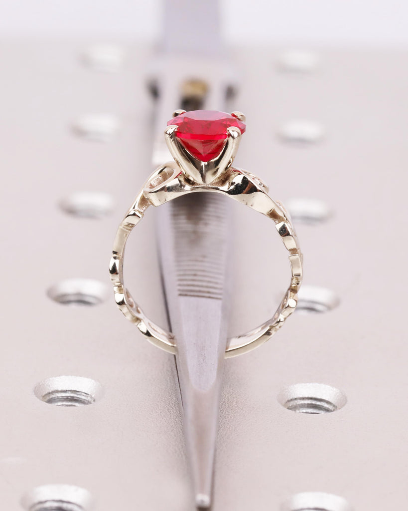 Vintage Ruby Engagement Ring in Solid 14K White Gold, Nature Inspired Leaf Flower Ring, Red Art Deco Promise Ring, Unique Anniversary Ring image #10