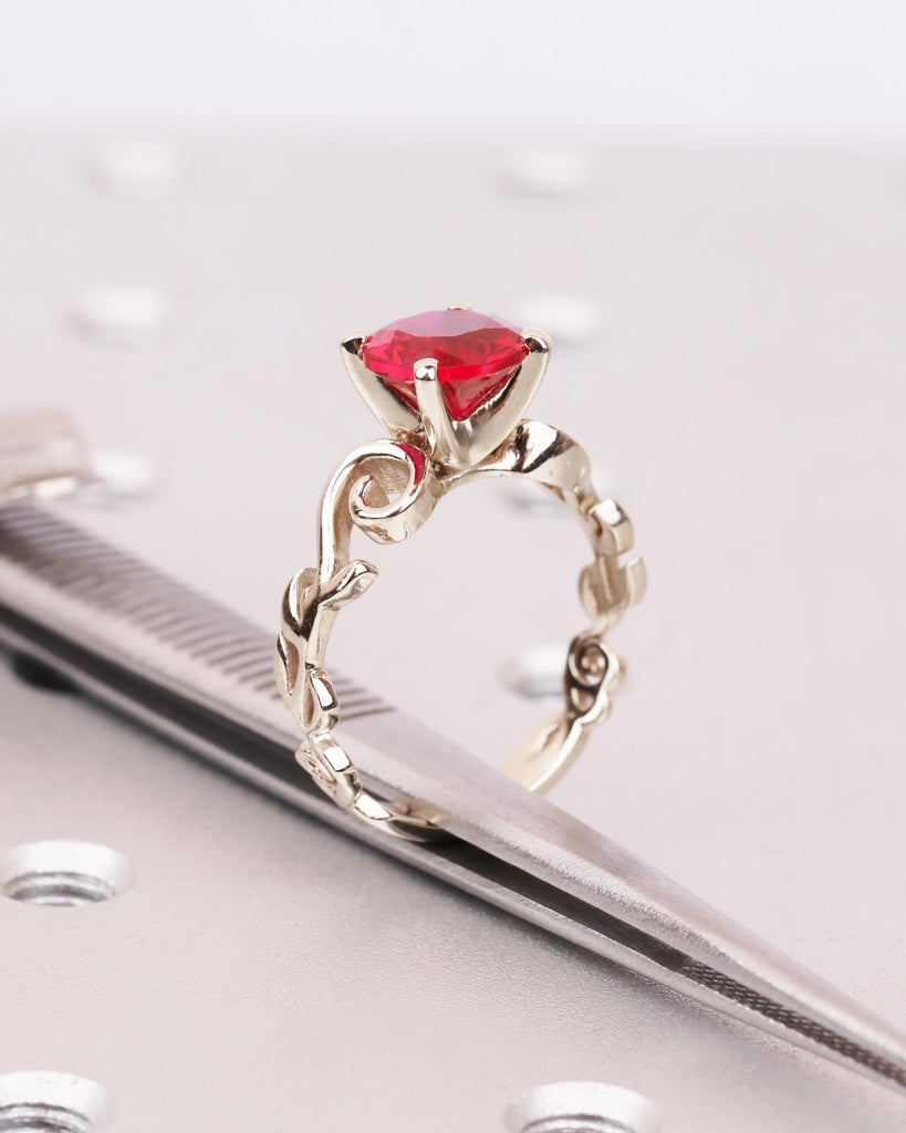 Vintage Ruby Engagement Ring in Solid 14K White Gold, Nature Inspired Leaf Flower Ring, Red Art Deco Promise Ring, Unique Anniversary Ring image #4