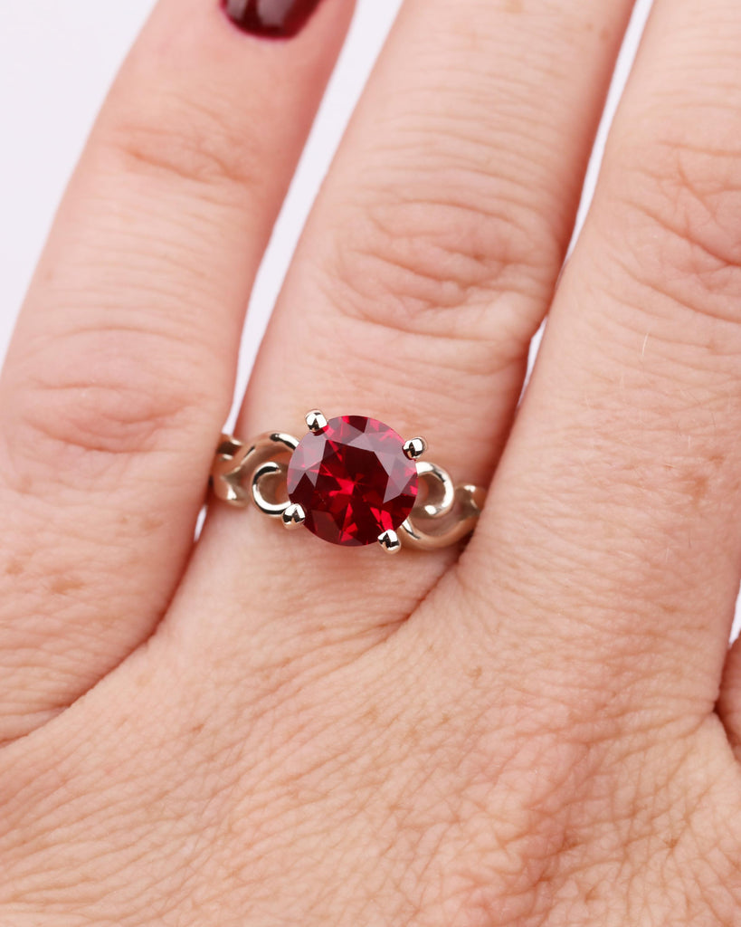 Round Lab Ruby Engagement Ring, Vintage White Gold Ring, Nature Inspired Floral Ring with Sculpted Leaf Scroll Wedding Ring, July Birthstone image #2