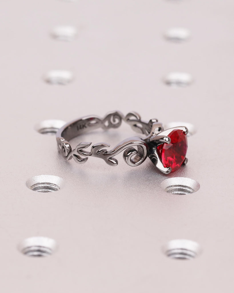 Round Lab Ruby Engagement Ring, 14K Black Gold Ring, Nature Inspired Floral Ring, Sculpted Leaf Scroll Wedding Ring, Gothic Red & Black Ring image #5