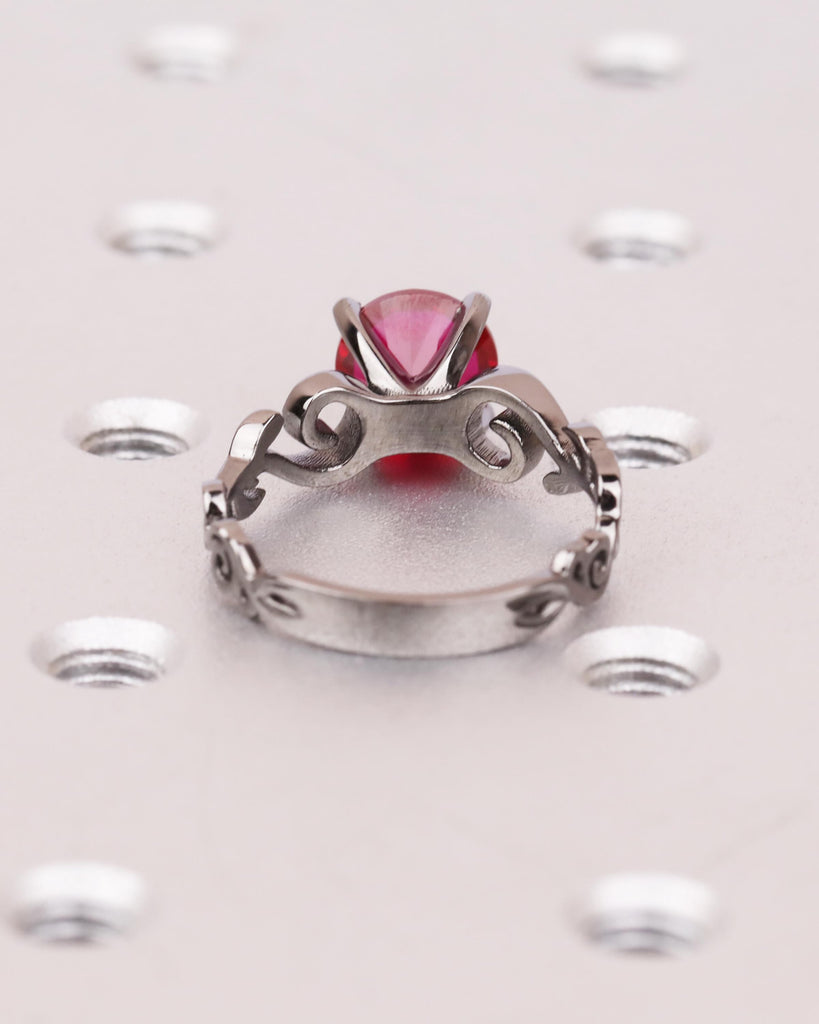 Round Lab Ruby Engagement Ring, 14K Black Gold Ring, Nature Inspired Floral Ring, Sculpted Leaf Scroll Wedding Ring, Gothic Red & Black Ring image #11