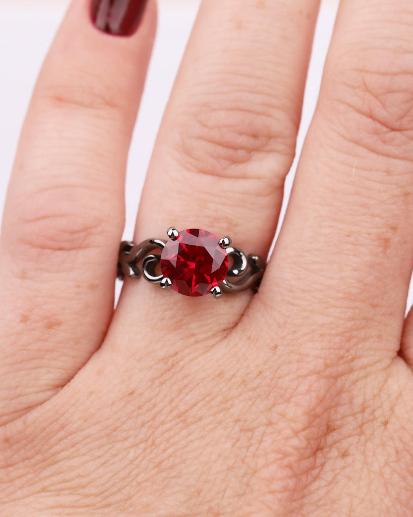 Vintage Ruby Engagement Ring in Solid 14K Black Gold, Nature Inspired Leaf Flower Ring, Red Art Deco Promise Ring, Unique Anniversary Ring image #2