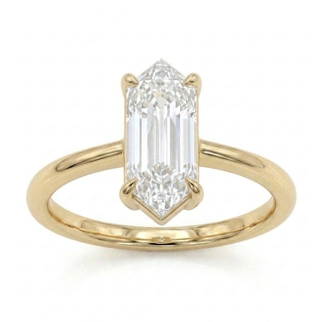 Minimalist Solitaire Ring, Elongated Hexagon Lab Diamond Engagement Ring, Art Deco 14K Yellow Gold Jewelry image #5