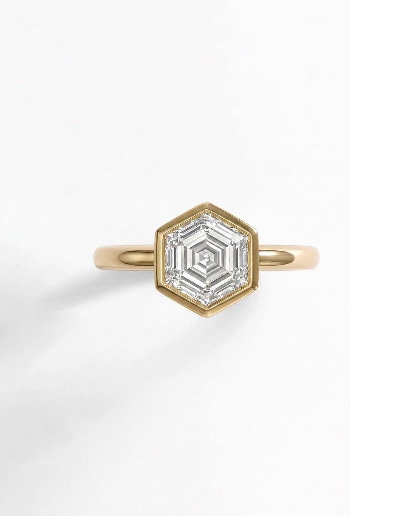 Moissanite Hexagon Ring, Bezel Setting, 14k Gold Solitaire Engagement Ring image #2
