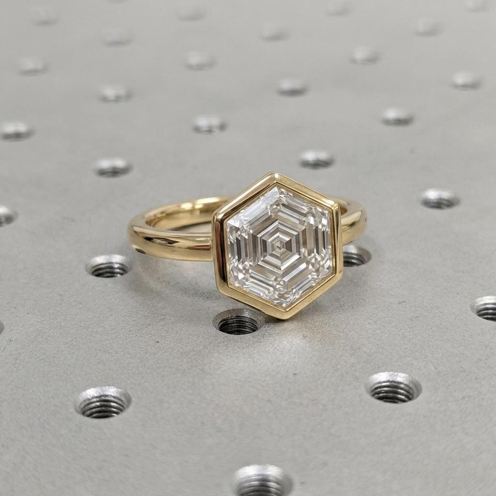 Moissanite Hexagon Ring, Bezel Setting