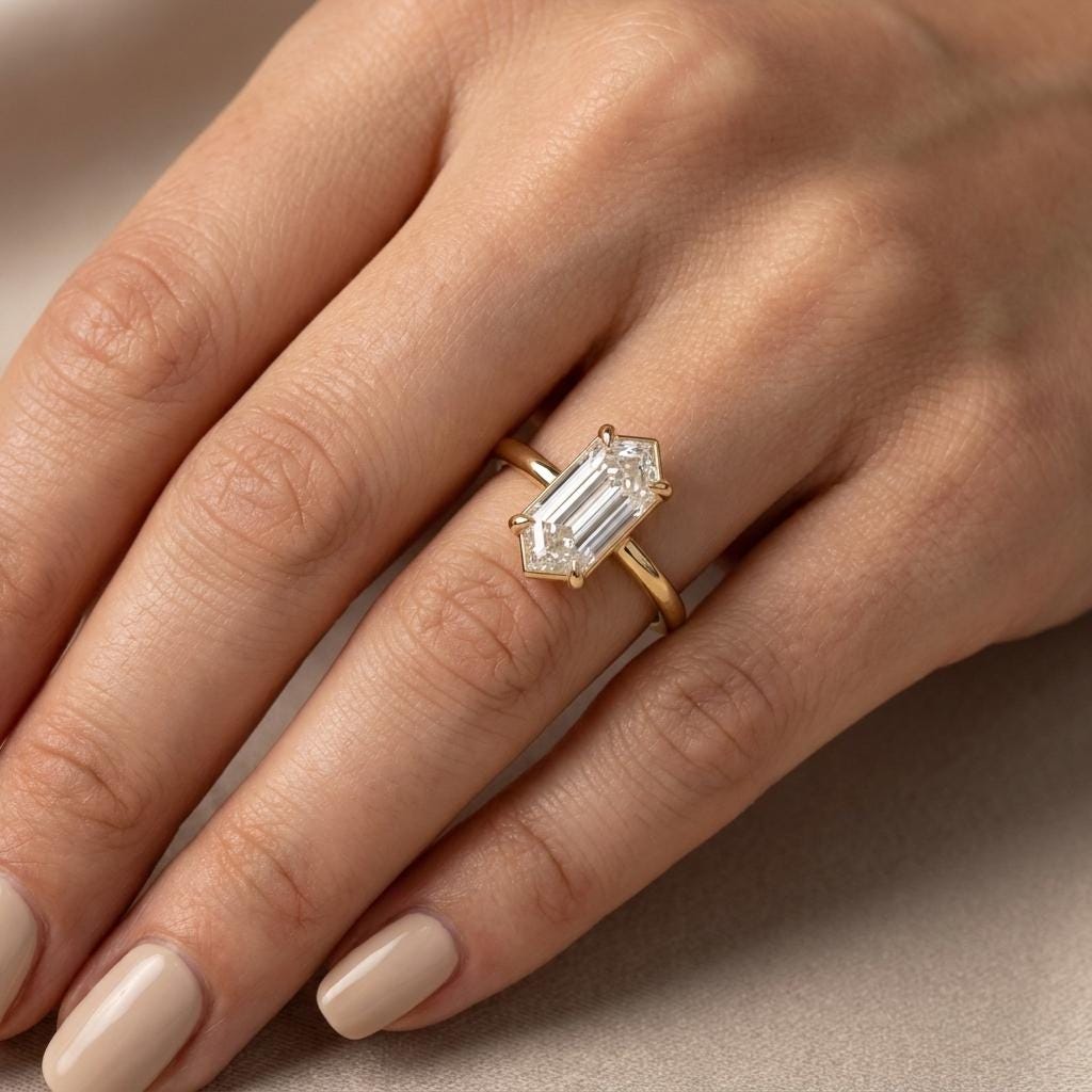 14K Solid Gold Elongated Hexagon Solitaire 1.5Ct IGI Certified Lab Diamond  Wedding Ring, Personalized Diamond Jewelry , Bridal Jewelry Gift image #3