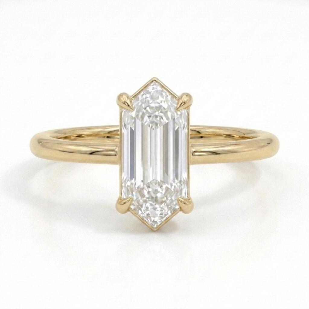 14K Solid Gold Elongated Hexagon Solitaire 1.5Ct IGI Certified Lab Diamond  Wedding Ring, Personalized Diamond Jewelry , Bridal Jewelry Gift image #5