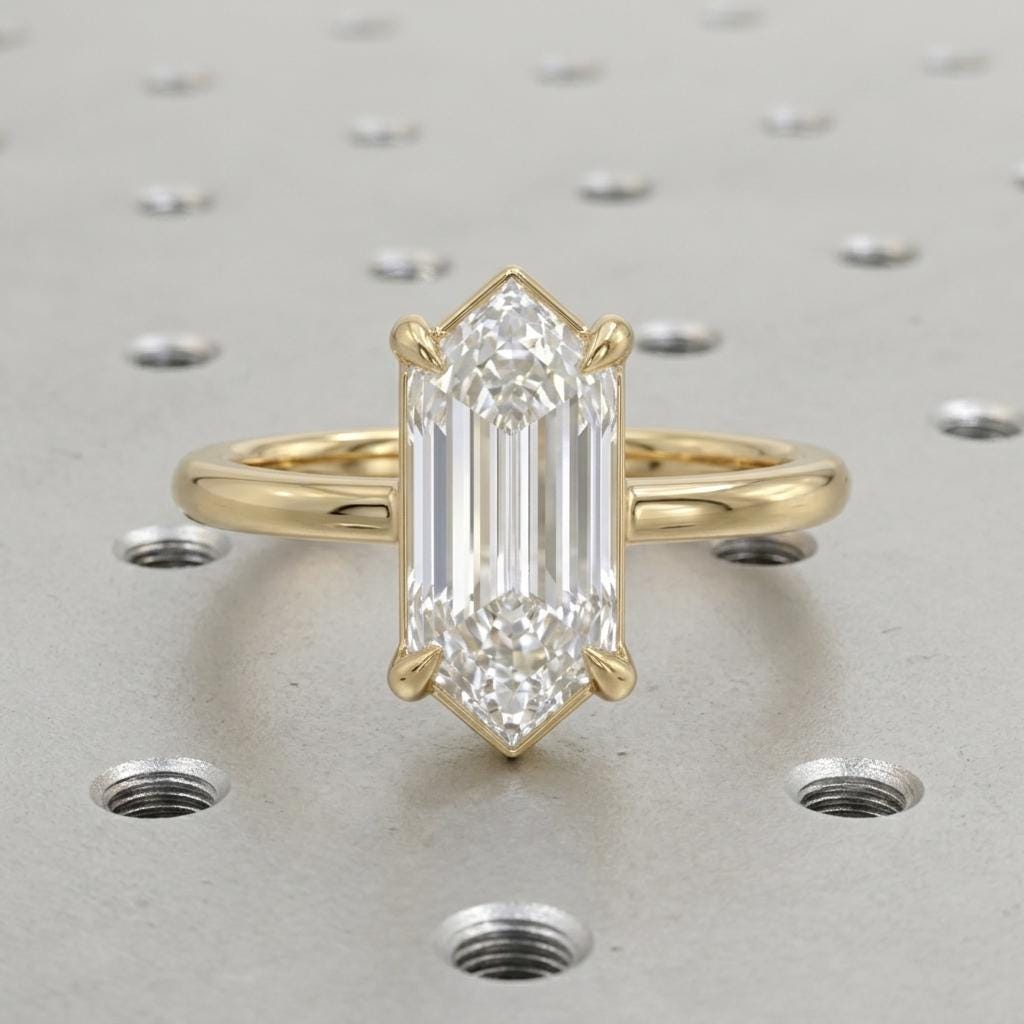 14K Solid Gold Elongated Hexagon Solitaire 1.5Ct IGI Certified Lab Diamond  Wedding Ring, Personalized Diamond Jewelry , Bridal Jewelry Gift image #4