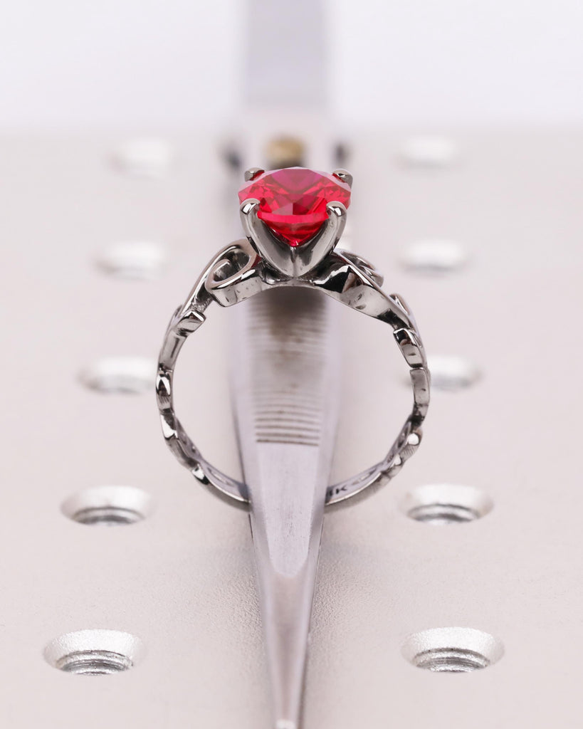 Vintage Ruby Engagement Ring in Solid 14K Black Gold, Nature Inspired Leaf Flower Ring, Red Art Deco Promise Ring, Unique Anniversary Ring image #11