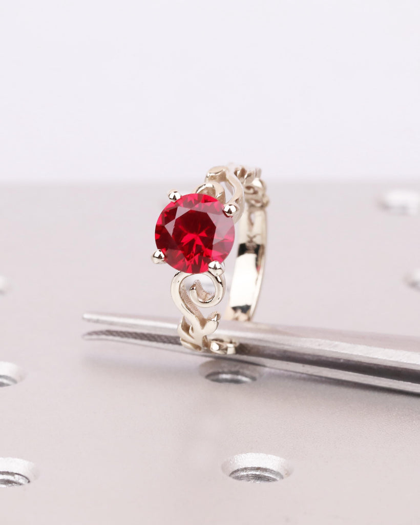 Round Lab Ruby Engagement Ring, Vintage White Gold Ring, Nature Inspired Floral Ring with Sculpted Leaf Scroll Wedding Ring, July Birthstone