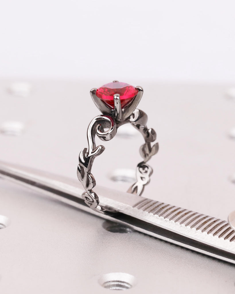 Round Lab Ruby Engagement Ring, 14K Black Gold Ring, Nature Inspired Floral Ring, Sculpted Leaf Scroll Wedding Ring, Gothic Red & Black Ring