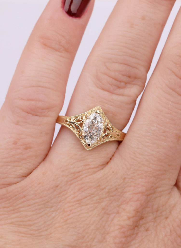 Vintage Marquise Cut Solitaire Ring, Marquise Moissanite Engagement Ring, 14k Solid Gold Filigree Promise Ring, Antique Style Engraved Band image #2