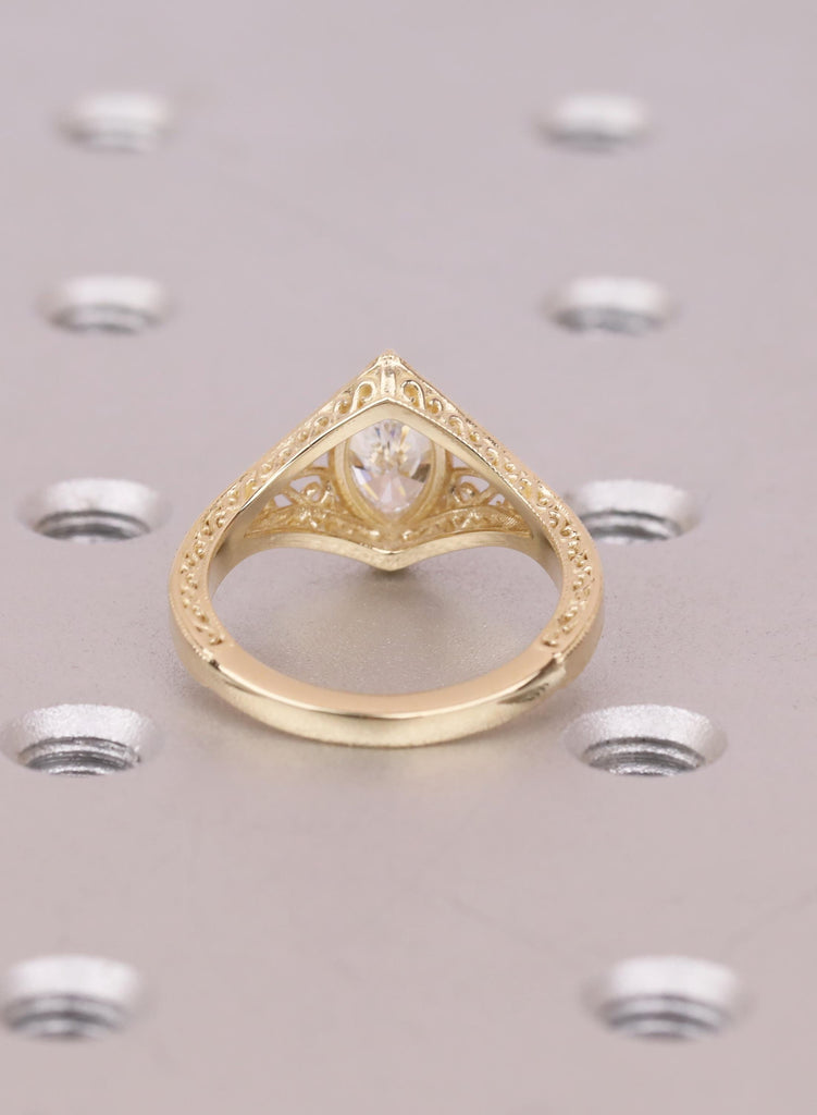 Engraved Marquise Cut Moissanite Engagement Ring, 14k Yellow Gold, Antique Vintage Style Filigree Promise Ring image #5