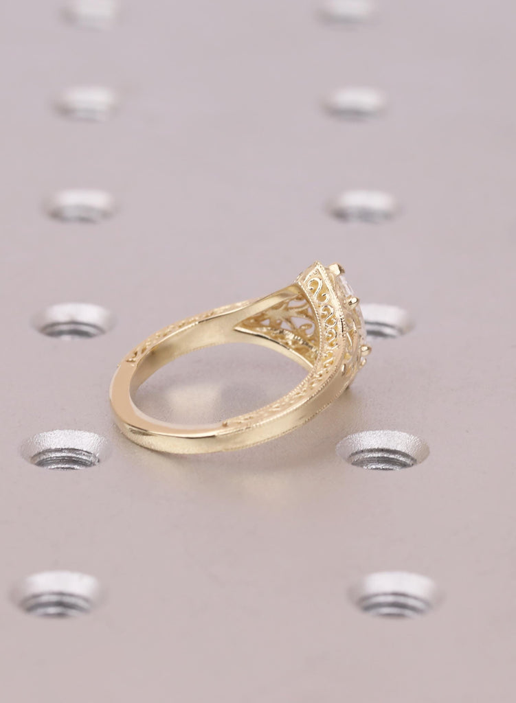 Vintage Marquise Cut Solitaire Ring, Marquise Moissanite Engagement Ring, 14k Solid Gold Filigree Promise Ring, Antique Style Engraved Band image #4