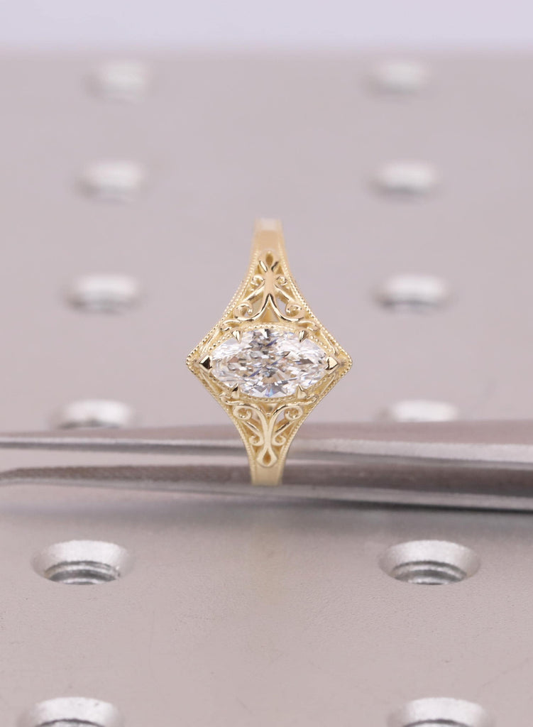 Engraved Marquise Cut Moissanite Engagement Ring, 14k Yellow Gold, Antique Vintage Style Filigree Promise Ring image #10
