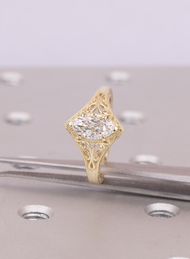 Vintage Marquise Cut Solitaire Ring, Marquise Moissanite Engagement Ring, 14k Solid Gold Filigree Promise Ring, Antique Style Engraved Band image #8