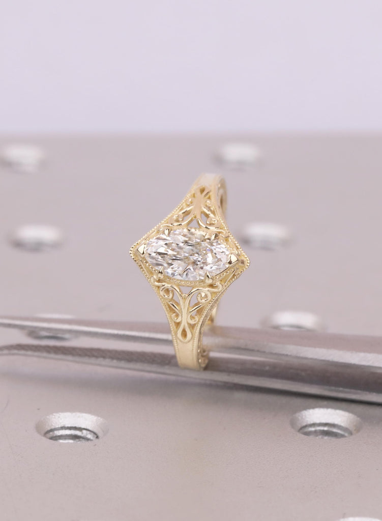 Engraved Marquise Cut Moissanite Engagement Ring, 14k Yellow Gold, Antique Vintage Style Filigree Promise Ring image #8
