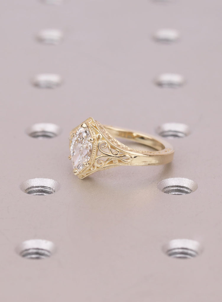 Vintage Marquise Cut Solitaire Ring, Marquise Moissanite Engagement Ring, 14k Solid Gold Filigree Promise Ring, Antique Style Engraved Band image #7