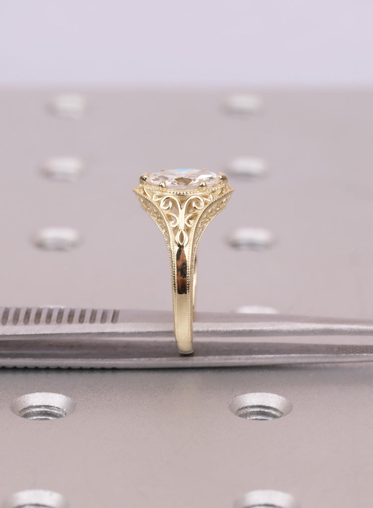 Engraved Marquise Cut Moissanite Engagement Ring, 14k Yellow Gold, Antique Vintage Style Filigree Promise Ring image #13