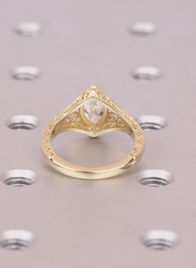 14k Solid Gold Marquise Lab Diamond Engagement Ring, Vintage Filigree Antique Engraved Ring, Gold Jewelry image #8