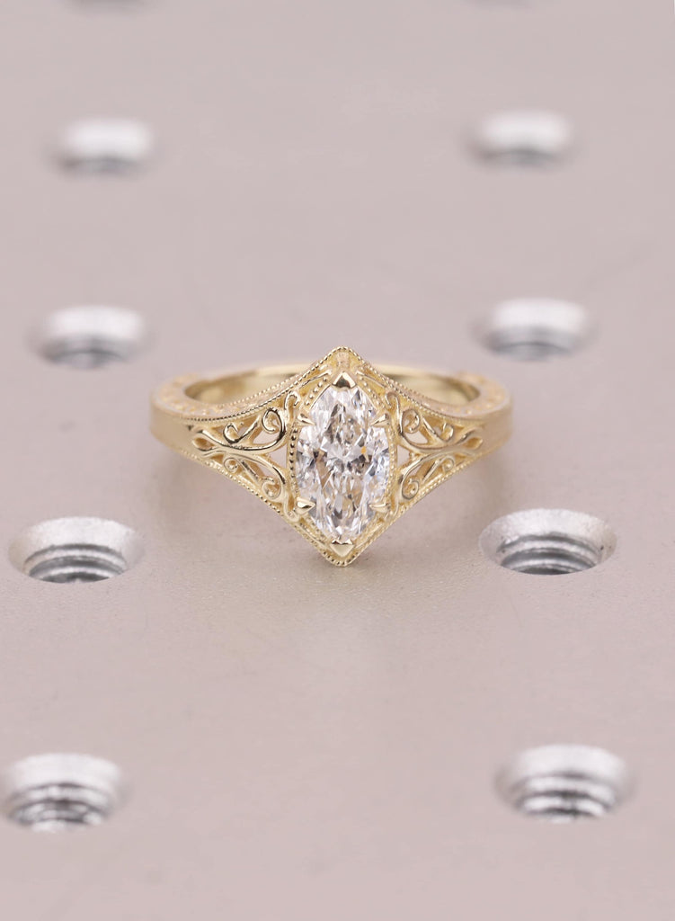 Engraved Marquise Cut Moissanite Engagement Ring, 14k Yellow Gold, Antique Vintage Style Filigree Promise Ring image #15