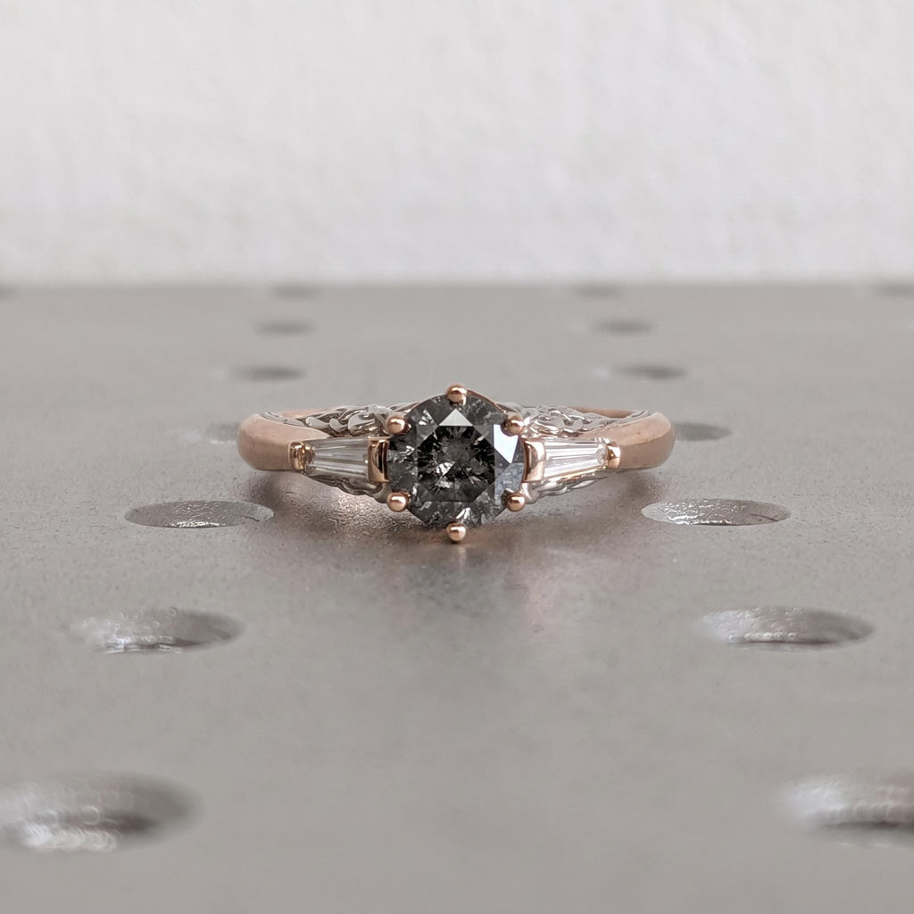 Natural Grey Diamond Three Stone Ring | Salt and Pepper Diamond Vintage Gold Rings for Women | Unique Wedding Jewelry image #4