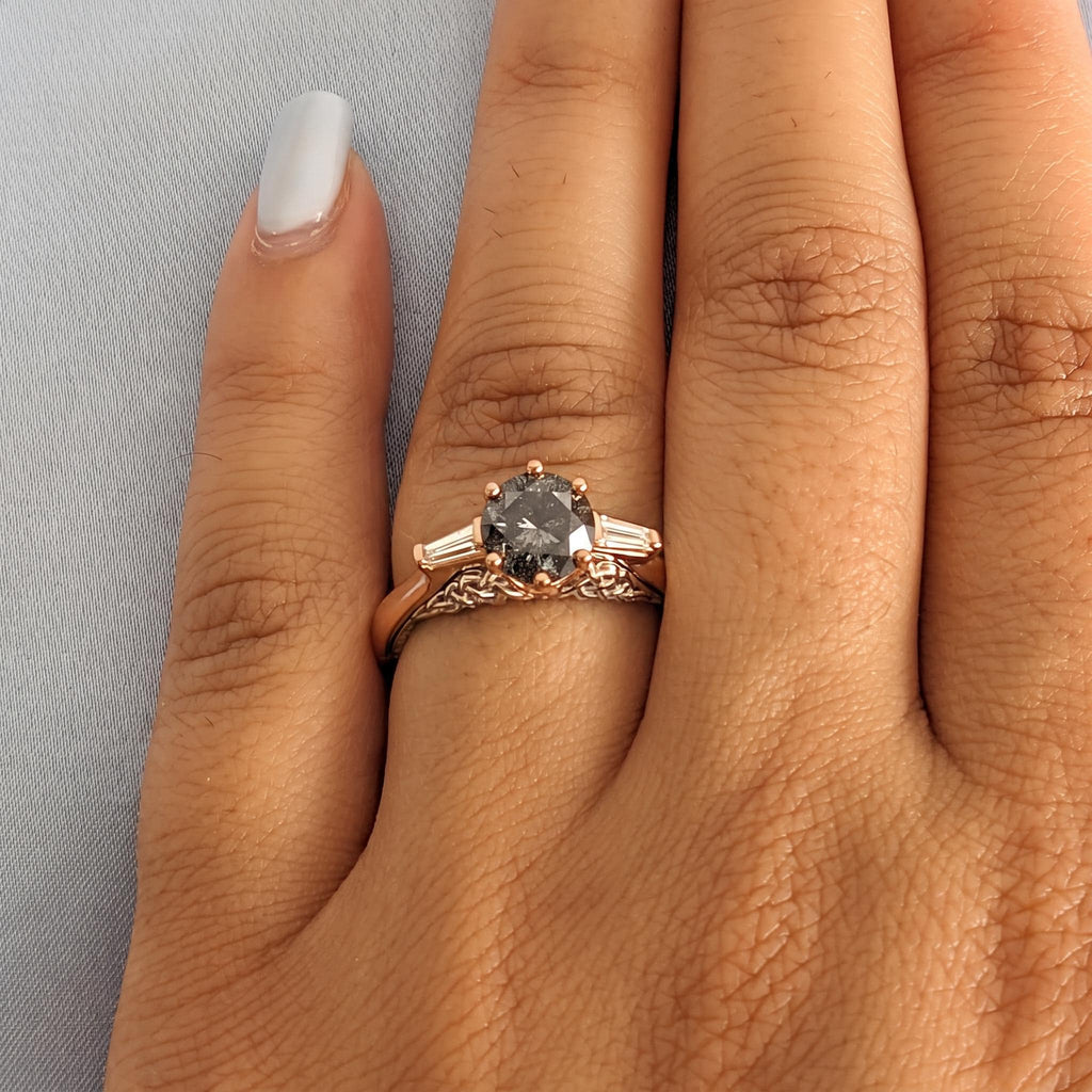 Natural Grey Diamond Three Stone Ring | Salt and Pepper Diamond Vintage Gold Rings for Women | Unique Wedding Jewelry image #5