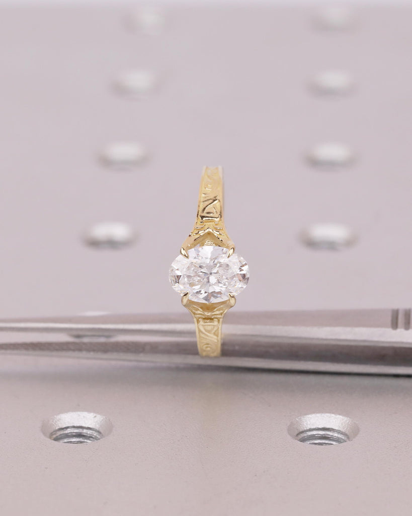 Solitaire Oval Engagement Ring, Vintage Lab Created Diamond Women's Wedding Ring, 14k Solid Gold Scrollwork Band, Unique Anniversary Rings image #18