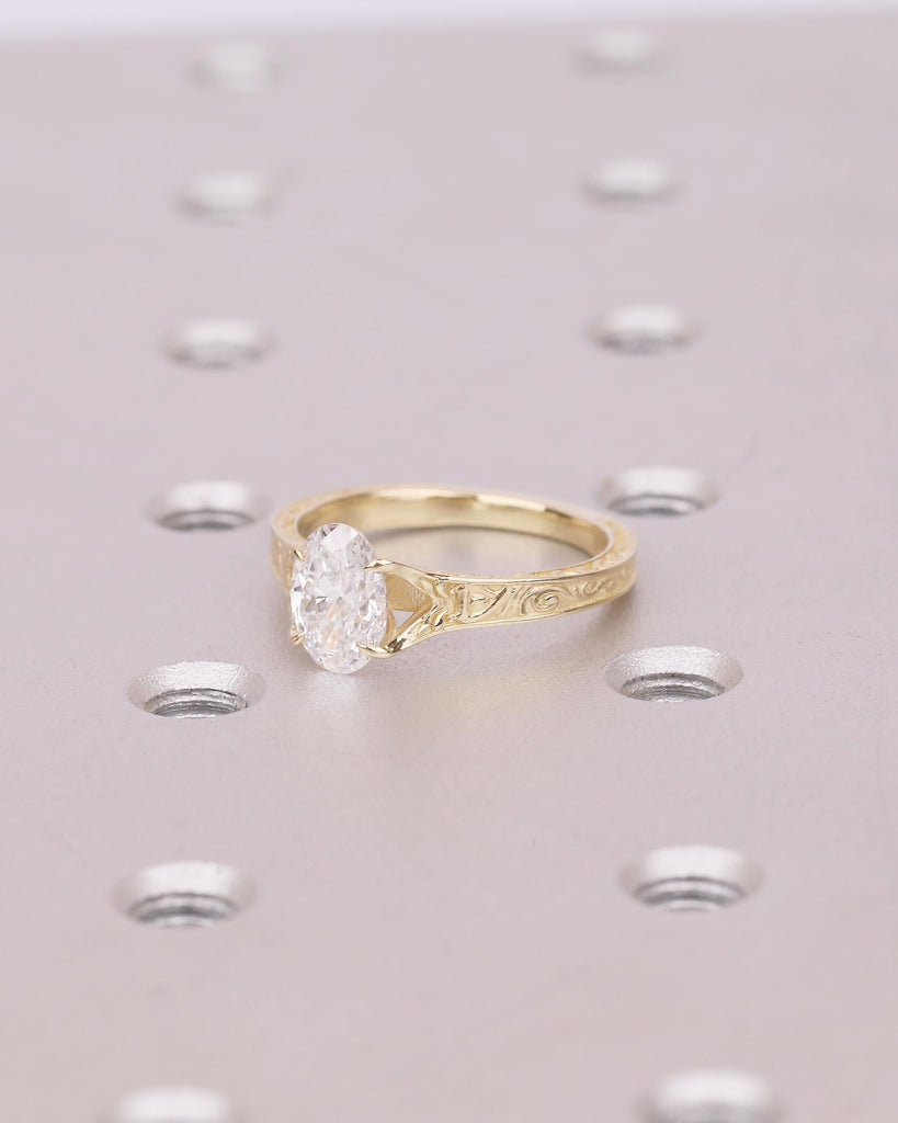 Solitaire Oval Engagement Ring, Vintage Lab Created Diamond Women's Wedding Ring, 14k Solid Gold Scrollwork Band, Unique Anniversary Rings image #4