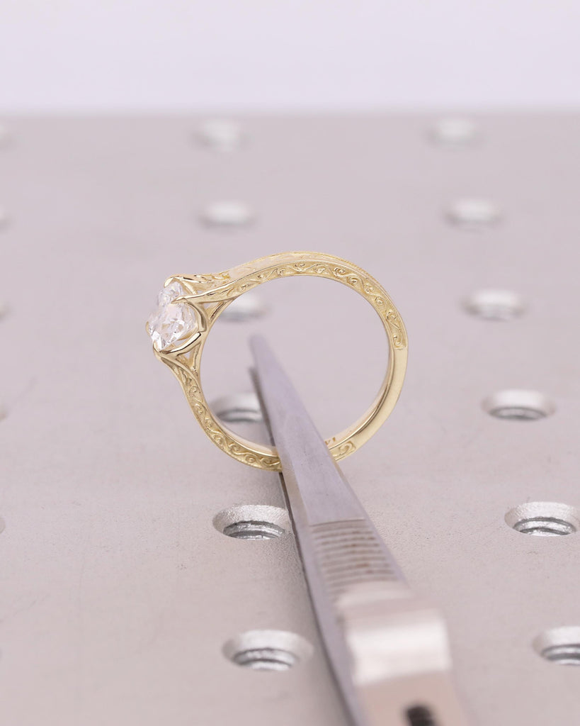 Solitaire Oval Engagement Ring, Vintage Lab Created Diamond Women's Wedding Ring, 14k Solid Gold Scrollwork Band, Unique Anniversary Rings image #17