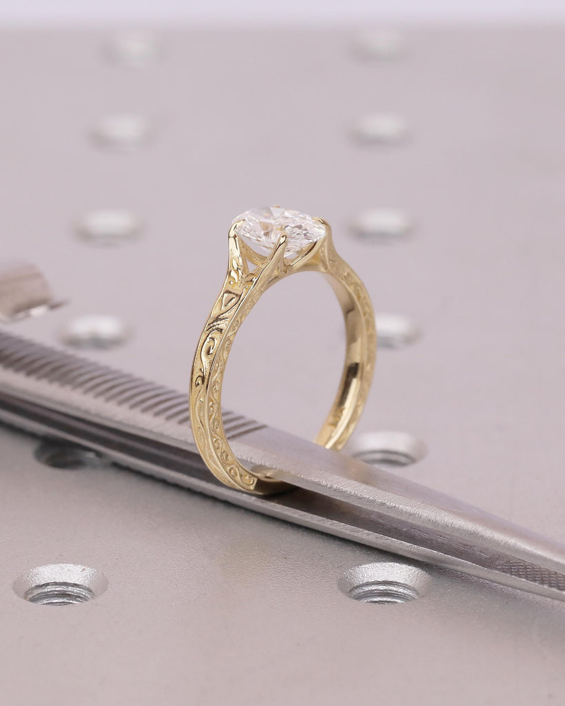 Solitaire Oval Engagement Ring, Vintage Lab Created Diamond Women's Wedding Ring, 14k Solid Gold Scrollwork Band, Unique Anniversary Rings image #12