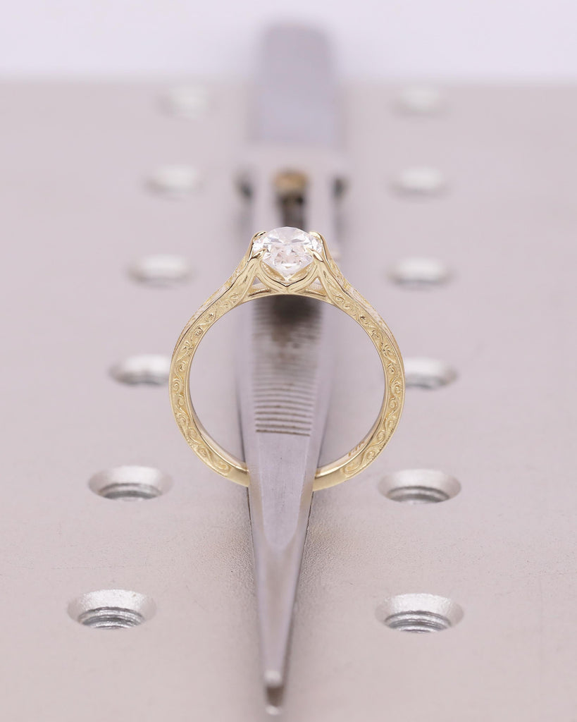 Solitaire Oval Engagement Ring, Vintage Lab Created Diamond Women's Wedding Ring, 14k Solid Gold Scrollwork Band, Unique Anniversary Rings image #7