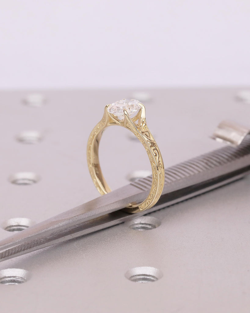 Solitaire Oval Engagement Ring, Vintage Lab Created Diamond Women's Wedding Ring, 14k Solid Gold Scrollwork Band, Unique Anniversary Rings image #19