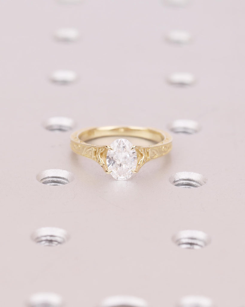 Solitaire Oval Engagement Ring, Vintage Lab Created Diamond Women's Wedding Ring, 14k Solid Gold Scrollwork Band, Unique Anniversary Rings image #8