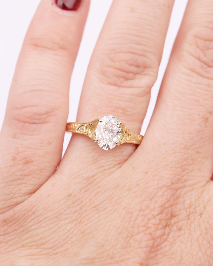 Solitaire Oval Engagement Ring, Vintage Lab Created Diamond Women's Wedding Ring, 14k Solid Gold Scrollwork Band, Unique Anniversary Rings image #14