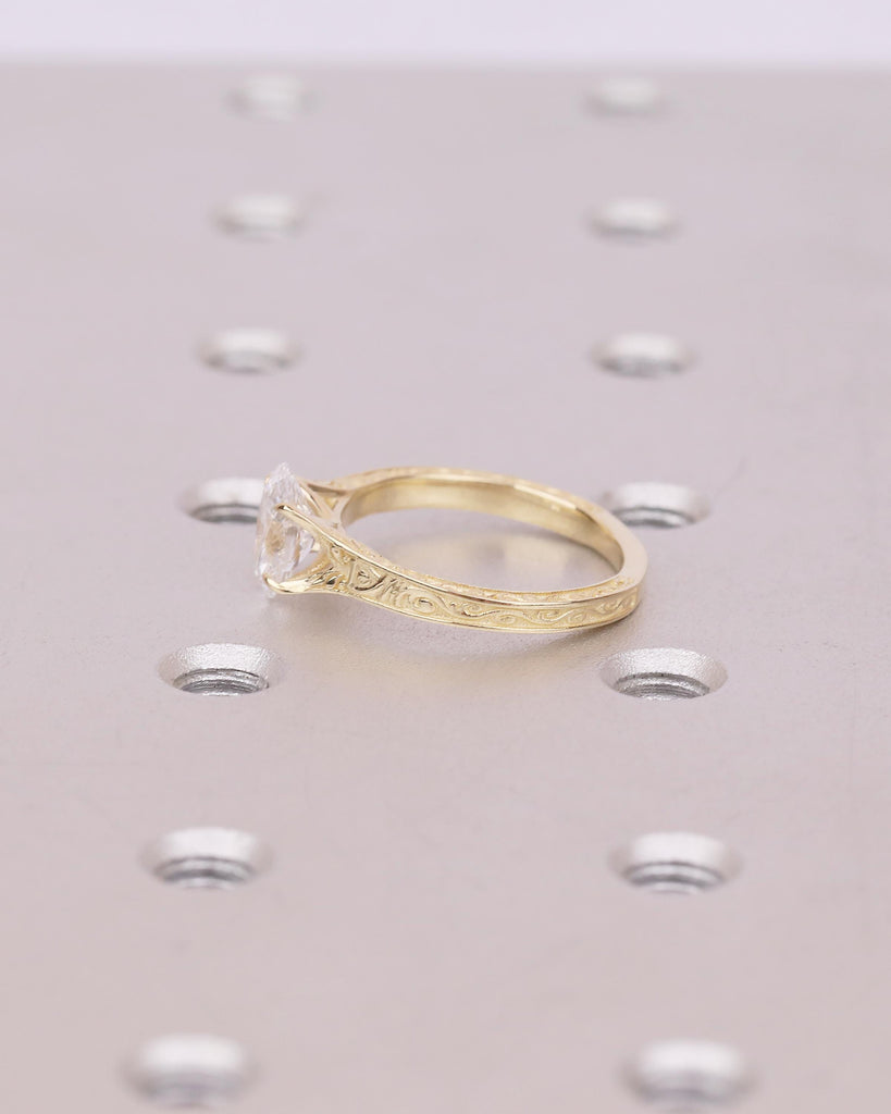 Oval Moissanite Ring, Solitaire Engagement Ring, Art Deco Gold Wedding Rings for Women, Hand Engraved Band, Vintage Style Antique Jewelry image #13