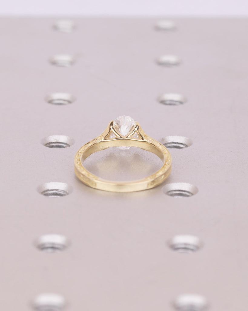 Oval Moissanite Ring, Solitaire Engagement Ring, Art Deco Gold Wedding Rings for Women, Hand Engraved Band, Vintage Style Antique Jewelry image #6