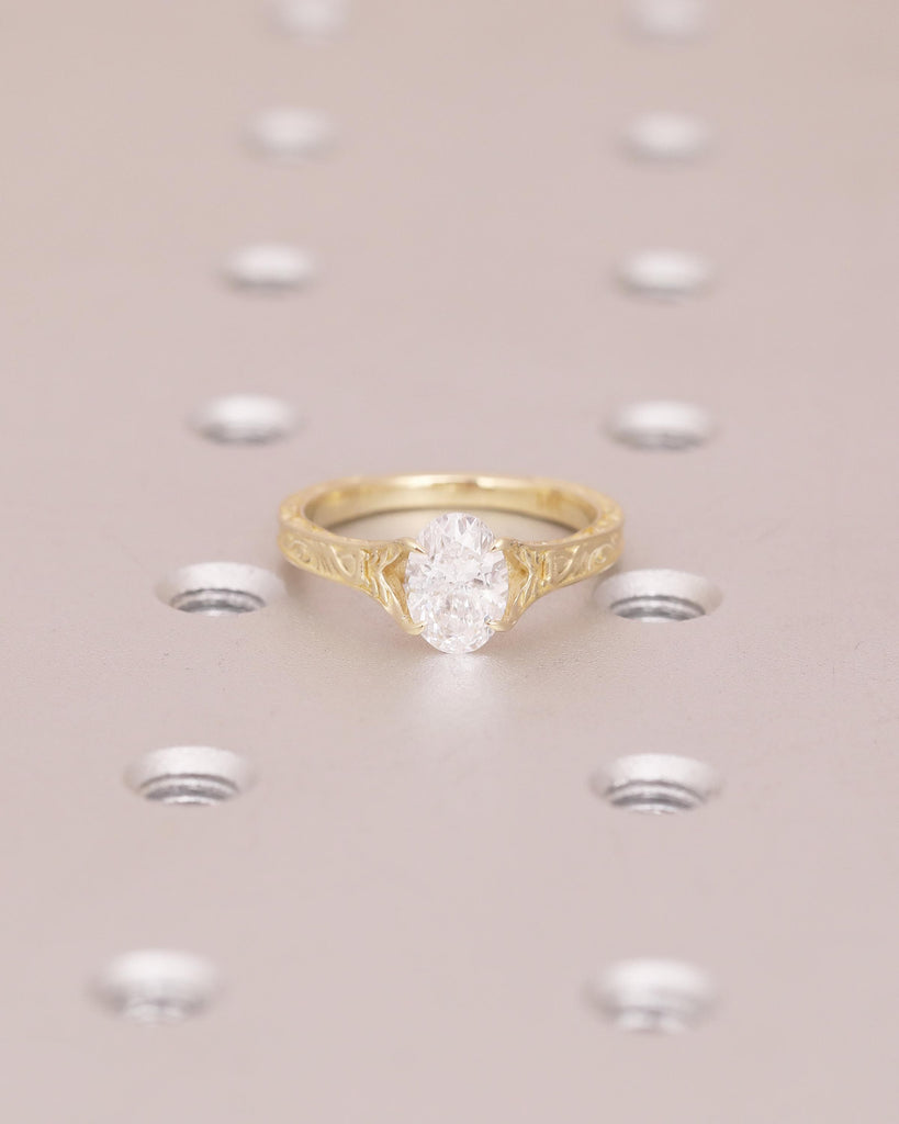 Oval Moissanite Ring, Solitaire Engagement Ring, Art Deco Gold Wedding Rings for Women, Hand Engraved Band, Vintage Style Antique Jewelry image #10