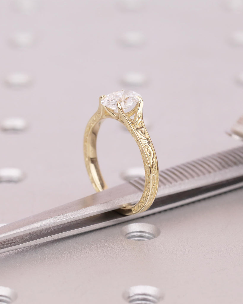 Oval Moissanite Ring, Solitaire Engagement Ring, Art Deco Gold Wedding Rings for Women, Hand Engraved Band, Vintage Style Antique Jewelry image #18