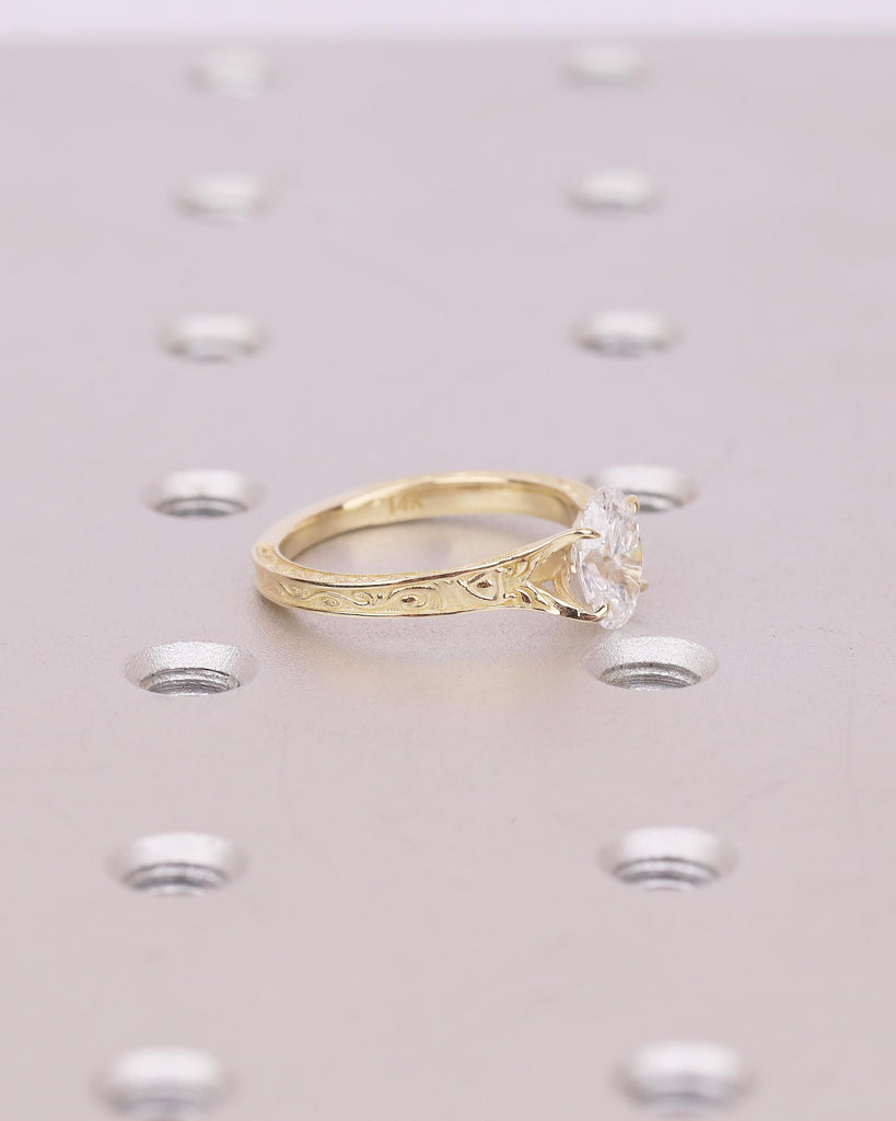 Oval Moissanite Ring, Solitaire Engagement Ring, Art Deco Gold Wedding Rings for Women, Hand Engraved Band, Vintage Style Antique Jewelry image #11