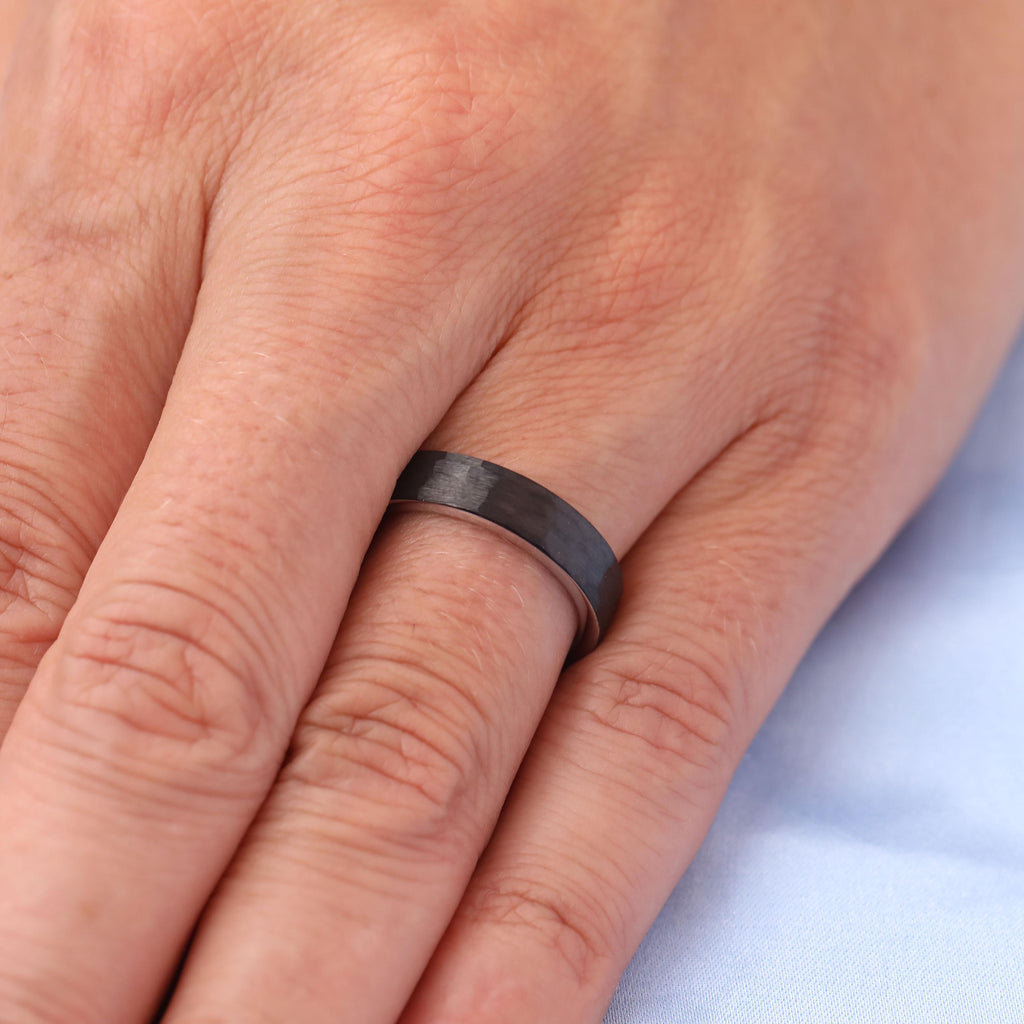 Black Tungsten Wedding Ring for Him | 5MM Hammered Brushed Finish Comfort Fit Ring | Rugged Manly Bands image #2