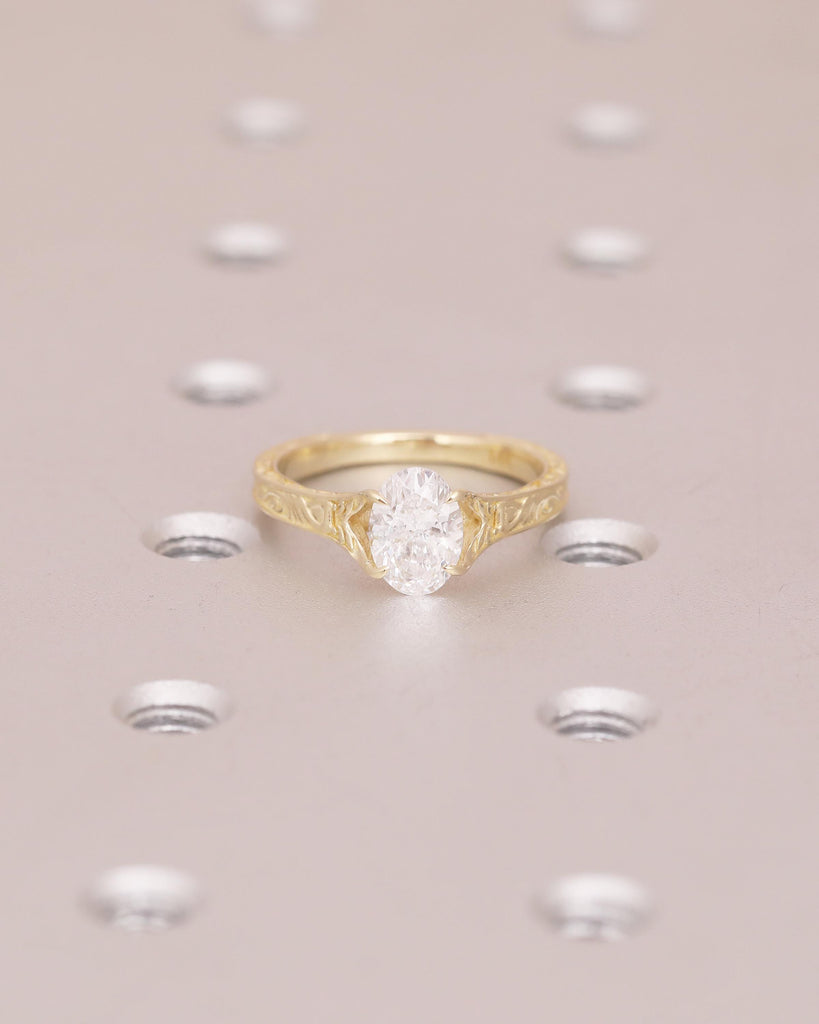 Solitaire Oval Engagement Ring, Vintage Lab Created Diamond Women's Wedding Ring, 14k Solid Gold Scrollwork Band, Unique Anniversary Rings image #15