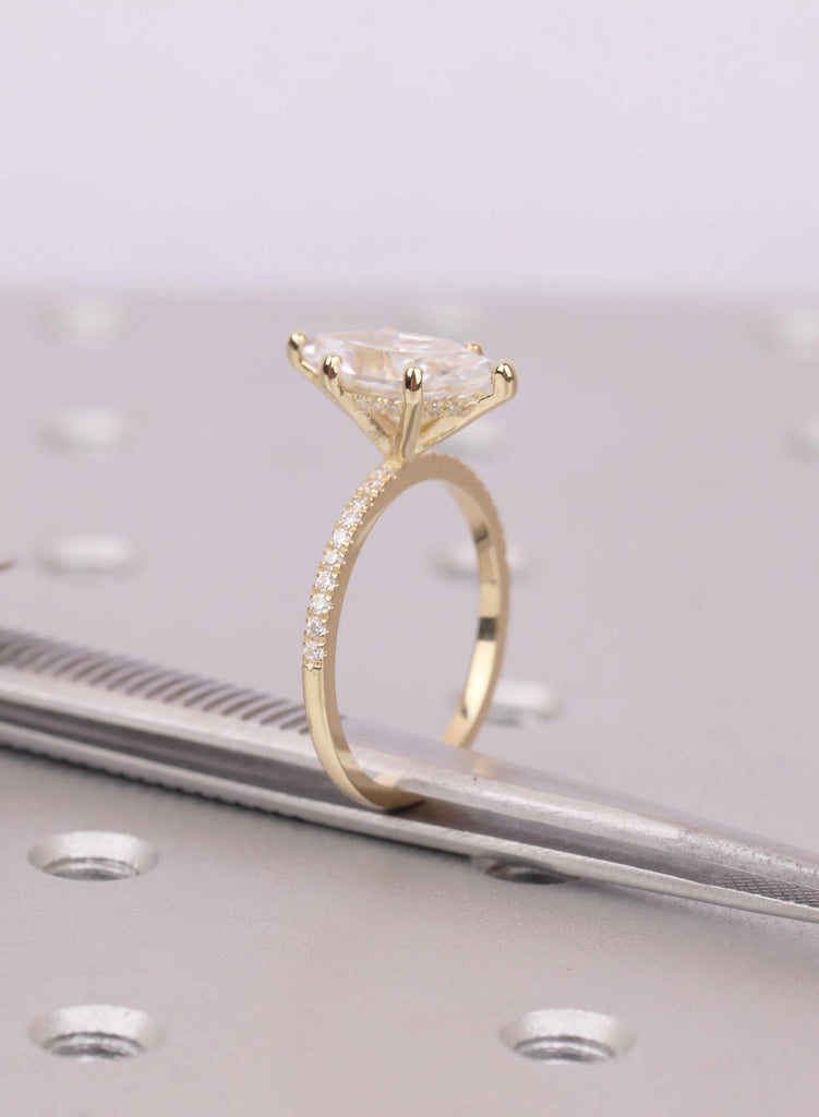 Marquise Cut Moissanite Ring, Moissanite Engagement Ring, 14k/18k Gold or Platinum, Art Deco Diamond Hidden Hallo,  Jewelry Gift for Her image #11