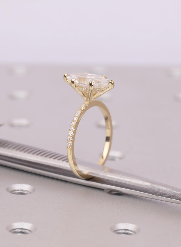 Marquise cut Lab Grown Diamond 14K Gold Ring, Dainty Engagement Ring, Art Deco Hidden Halo Diamond, Solid Gold / Platinum Half Eternity Band image #11